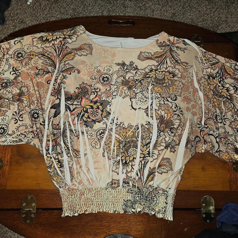 Cato Cream Floral Paisley Smocked-Waist Blouse